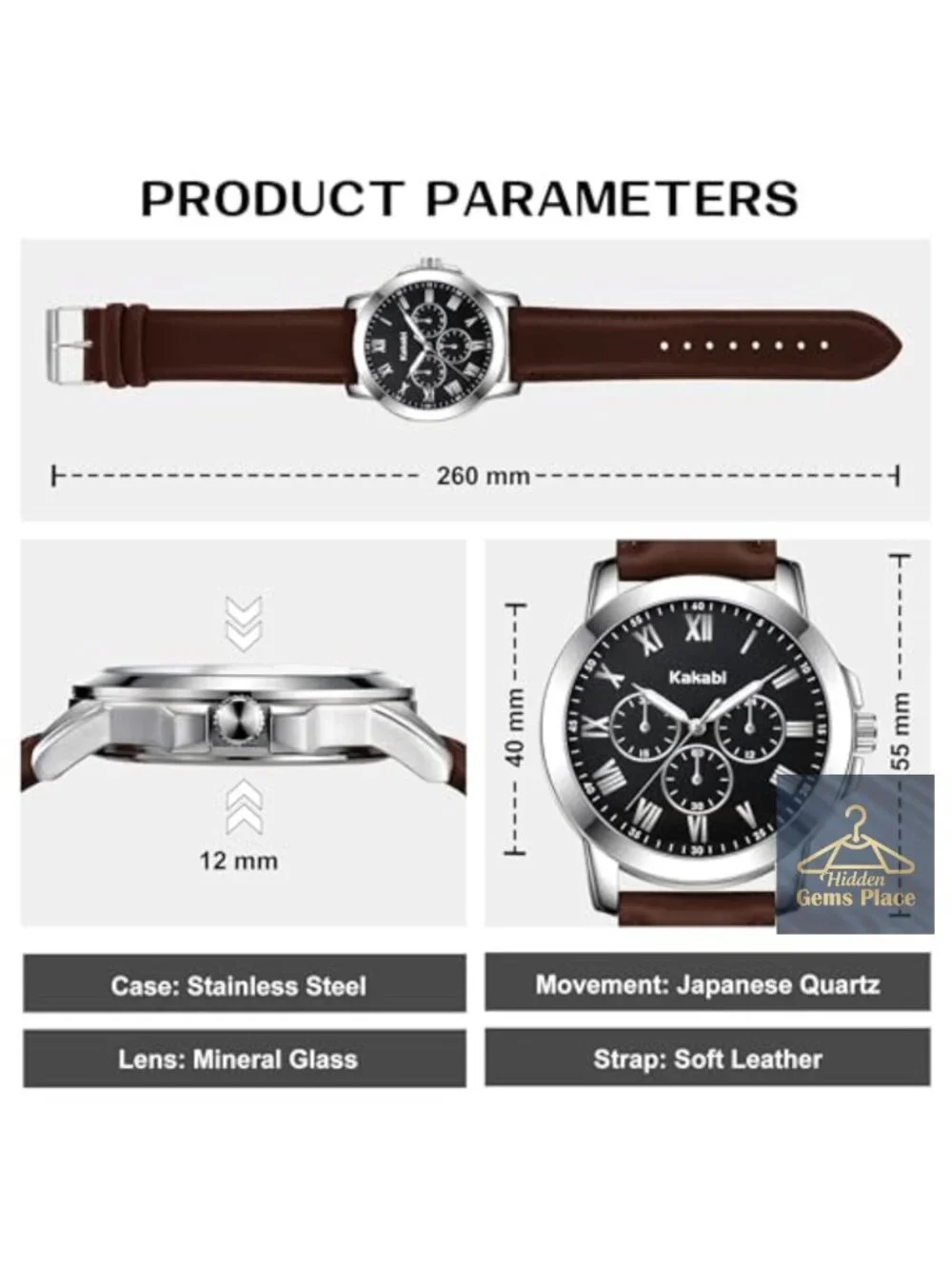 Men's Dress Watch Leather Roman Numeral Quartz 40mm